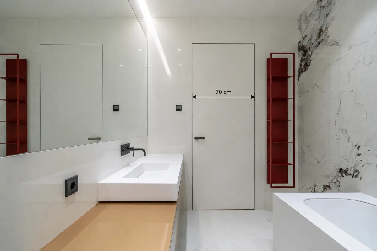 Ușă de interior filomuro de 70 cm într-o baie minimalistă