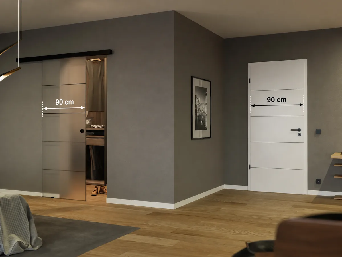 Ușă glisantă și ușă batantă de 90 cm într-un living modern