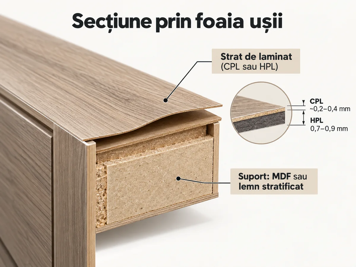 Secțiune prin foaia ușii: strat laminat CPL sau HPL peste suport MDF